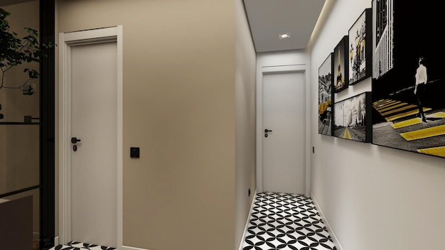 Ein Flur mit einem schwarz-weißen Boden und einer weißen Tür mit Bildern darauf.