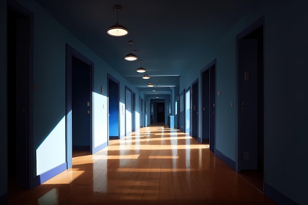 ein Flur mit Lichtern an der Decke und einem blauen Bodenhintergrund