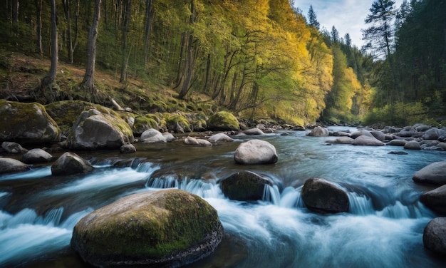 ein Fluss, der durch einen Wald fließt, der mit verstreuten Felsen geschmückt ist