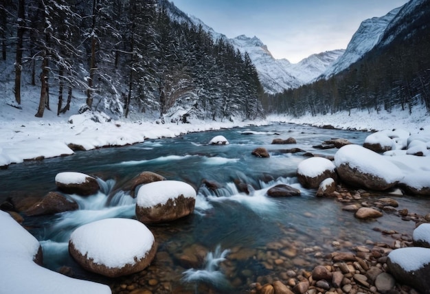 ein Fluss, der sich durch schneebedeckte Berge schlängelt