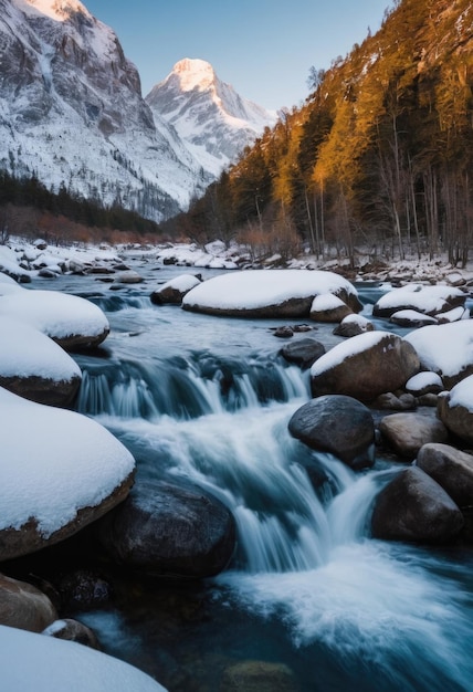 ein Fluss, der sich durch schneebedeckte Berge schlängelt