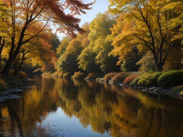 ein Fluss, der von Bäumen mit Herbstfarben umgeben ist