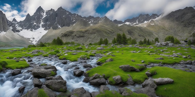 Ein Fluss fließt durch ein Feld mit Bergen im Hintergrund.