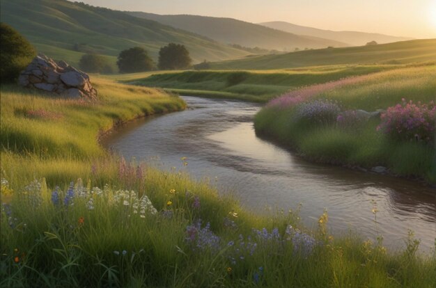 ein Fluss fließt durch ein Feld von Blumen und Gras