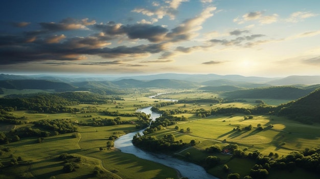 ein Fluss fließt durch ein Tal mit Bergen und Hügeln im Hintergrund.