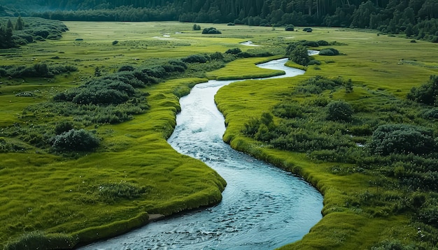 Foto ein fluss fließt durch ein üppiges grünes feld