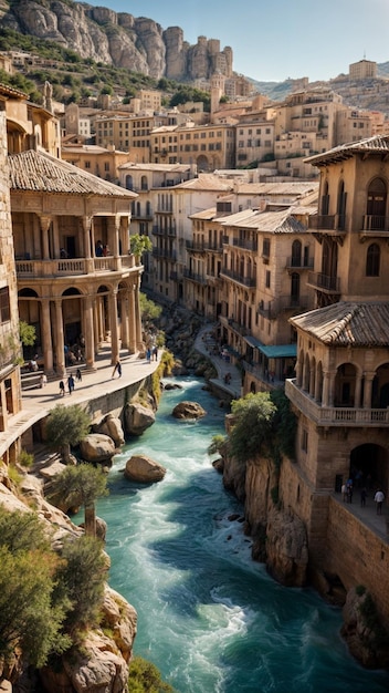 Foto ein fluss fließt durch eine stadt mit einer brücke im hintergrund