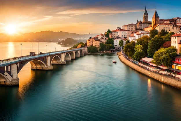 Ein Fluss fließt durch eine Stadt mit einer Brücke und der untergehenden Sonne dahinter.