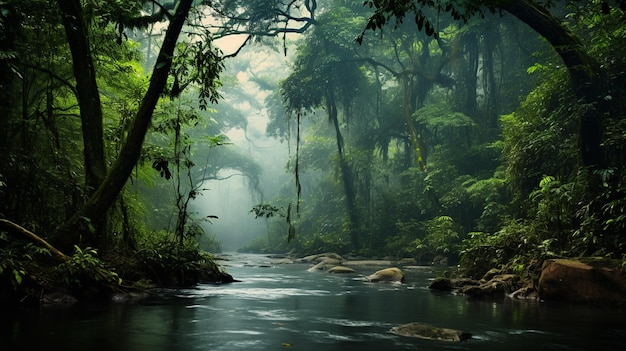 Ein Fluss fließt durch einen Dschungel mit Bäumen und Felsen.