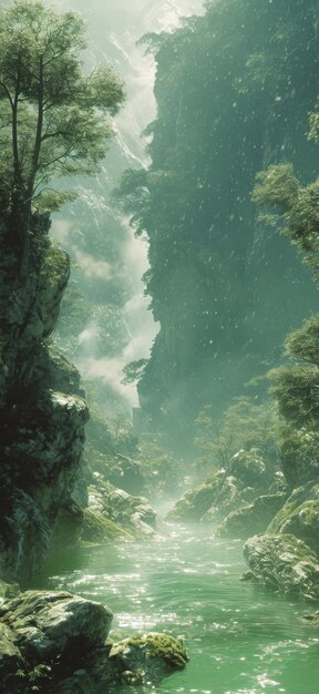 Ein Fluss fließt durch einen üppig grünen Wald.