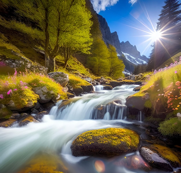 Ein Fluss fließt durch einen Wald mit einem Berg im Hintergrund.