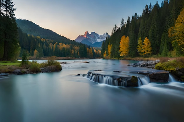 Ein Fluss fließt durch einen Wald mit einem Wasserfall im Vordergrund.