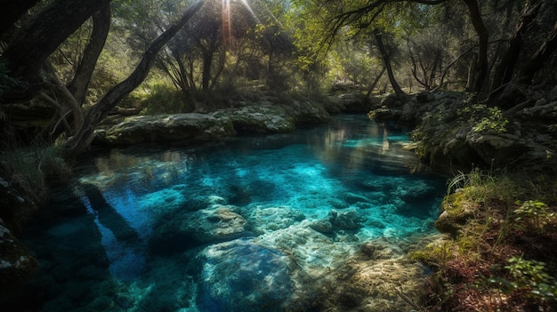 Ein Fluss im Wald, auf dessen Wasser die Sonne scheint