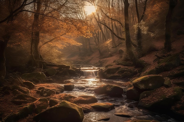 Ein Fluss im Wald mit der Sonne, die auf die Bäume scheint