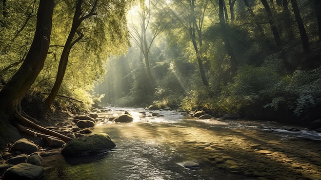 Ein Fluss im Wald mit der Sonne, die durch die Bäume scheint