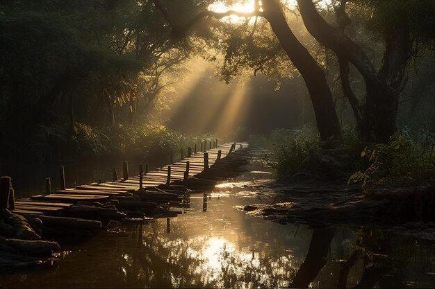 Ein Fluss im Wald mit einem Holzsteg, der zu den Sonnenstrahlen führt