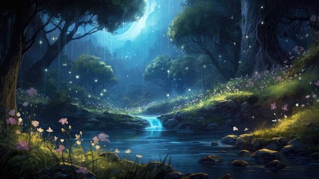 ein Fluss im Wald mit einem Wasserfall und einem blauen Mond.