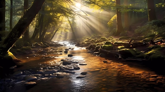 Ein Fluss im Wald mit Sonne, die durch die Bäume scheint