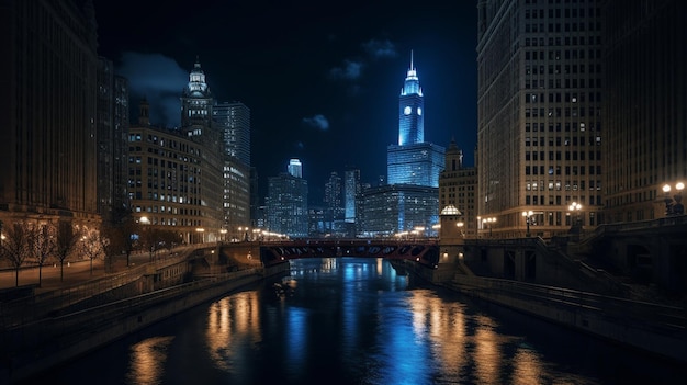 Ein Fluss in Chicago bei Nacht mit einer Stadtlandschaft im Hintergrund.