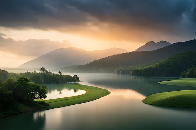 Ein Fluss in den Bergen bei Sonnenuntergang