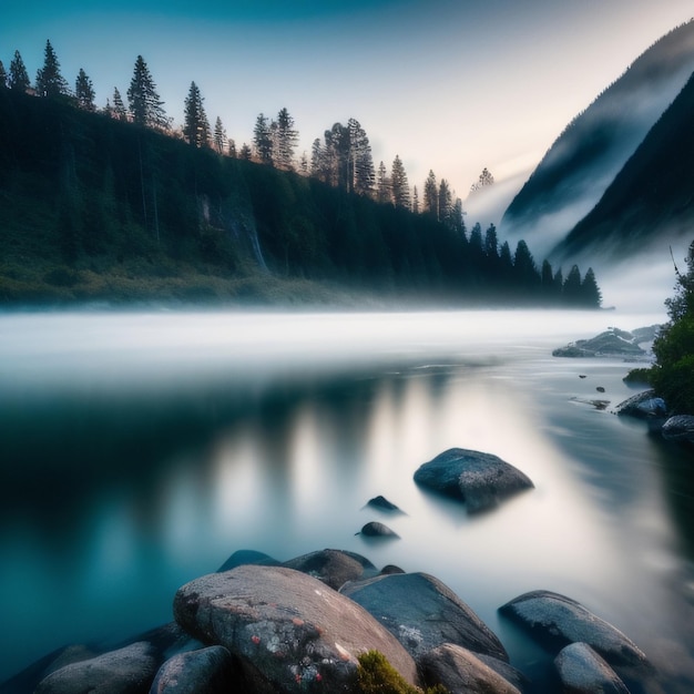 Ein Fluss in den Bergen mit Bäumen und Nebel