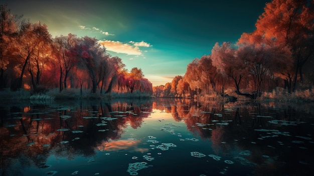 Ein Fluss mit Bäumen und der Himmel wird von der Sonne beleuchtet