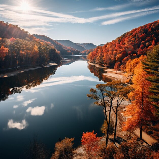 ein Fluss mit Bäumen und einer Sonne, die auf dem Wasser scheint