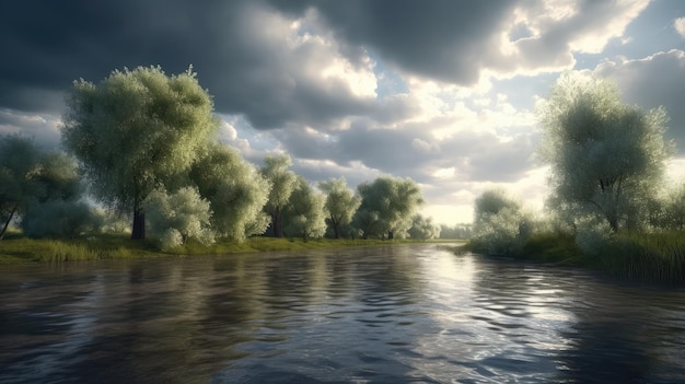 Ein Fluss mit Bäumen und Wolken