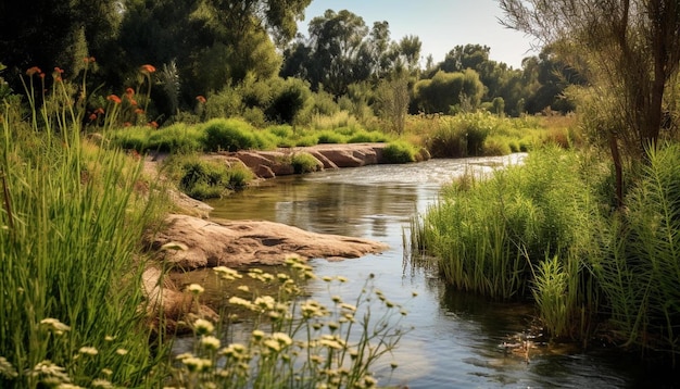 ein Fluss mit Blumen, Gras und Felsen