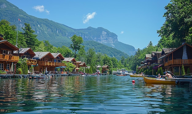 ein Fluss mit Booten und Bergen im Hintergrund