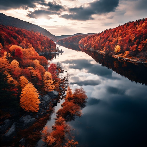 ein Fluss mit einem Berg im Hintergrund und einem bewölkten Himmel