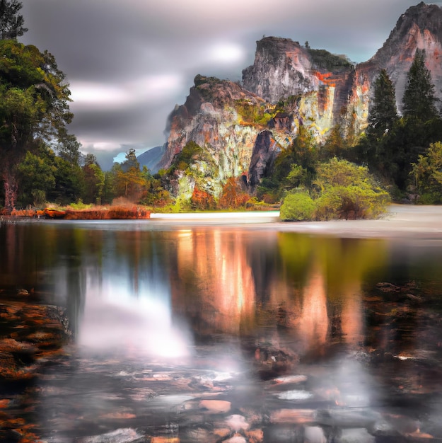 Ein Fluss mit einem Berg im Hintergrund und einem großen Felsen im Vordergrund.