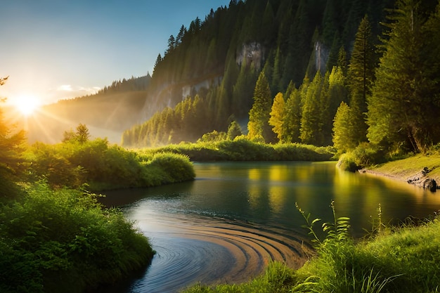 Ein Fluss mit einem Berg im Hintergrund