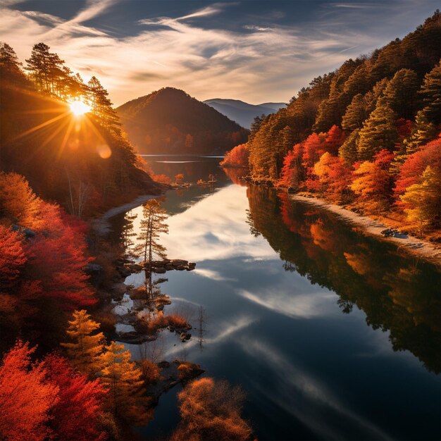 ein Fluss mit einem Berg und Bäumen mit einem Sonnenuntergang im Hintergrund