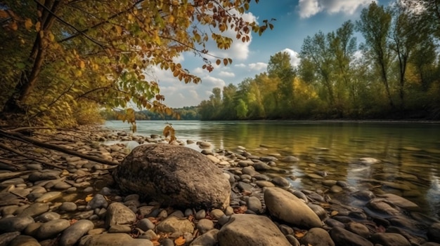 Ein Fluss mit einem Felsen darauf und einem Baum auf der rechten Seite.