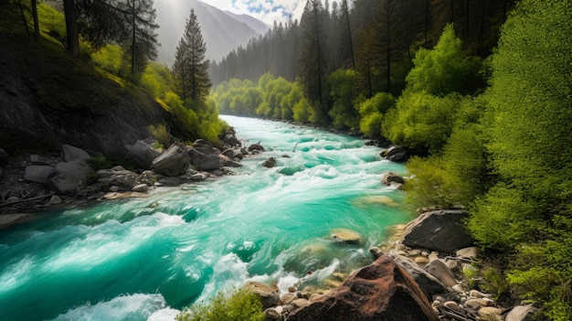 Ein Fluss mit einem grünen Fluss im Vordergrund und einem Wald im Hintergrund.