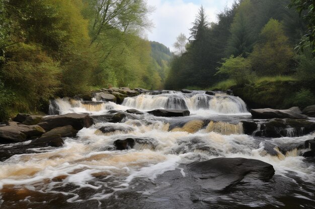 Ein Fluss mit einem kleinen Wasserfall im Hintergrund