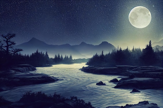 Ein Fluss mit einem Ufer und Silhouetten von Bäumen in der Nacht ein Nadelwald mit Vollmond und Sternen in einem dunklen Himmel 3D-Darstellung