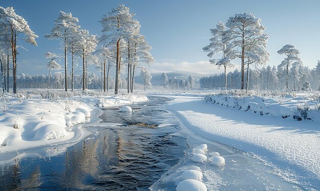 Ein Fluss mit Eis und Bäumen und ein Fluss mit Ice
