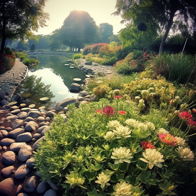 Ein Fluss mit Felsen und Blumen im Vordergrund und ein Teich mit Bäumen im Hintergrund.