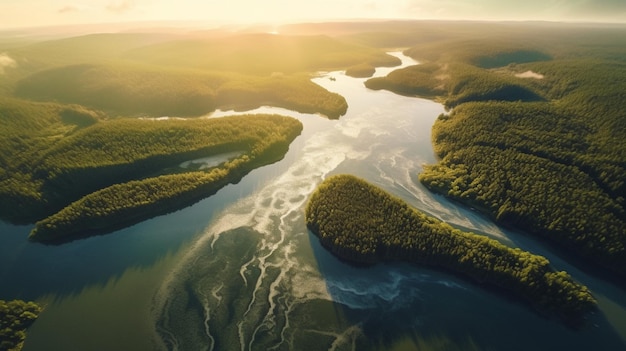 Ein Fluss mit grünem Wald und ein Fluss mit Bäumen im Vordergrund.