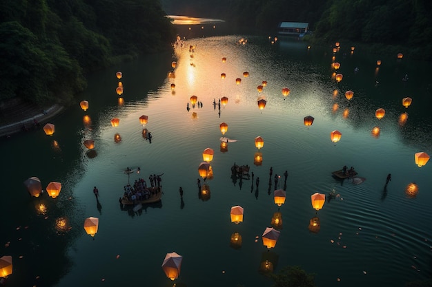 Ein Fluss mit im Wasser schwimmenden Laternen