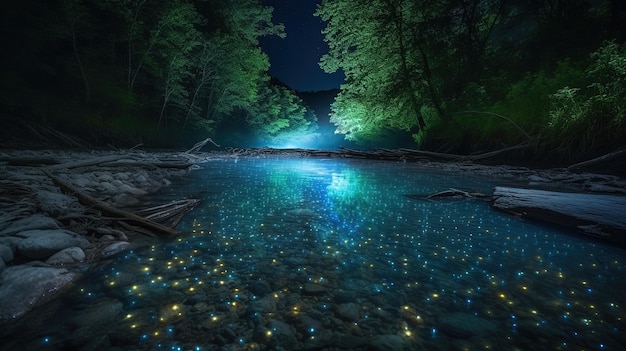 Ein Fluss mit Lichtern und einem blauen Licht auf dem Wasser