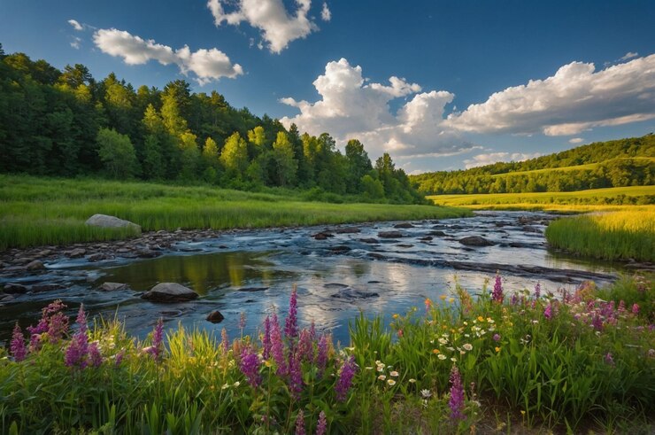 Foto ein fluss mit lila blumen und einem berg im hintergrund