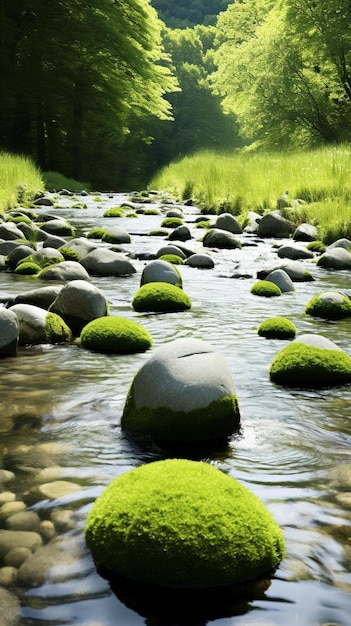 ein Fluss mit mit Moos bedeckten Felsen und Moos in der Mitte