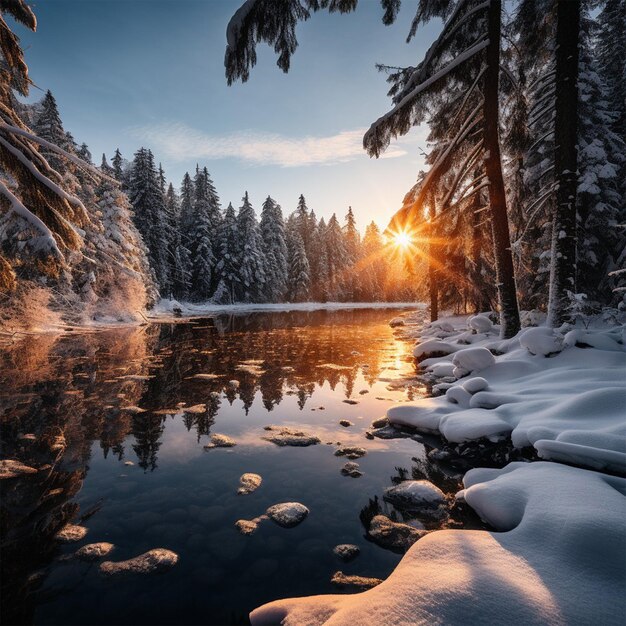 ein Fluss mit Schnee und Bäumen und einem Sonnenuntergang im Hintergrund