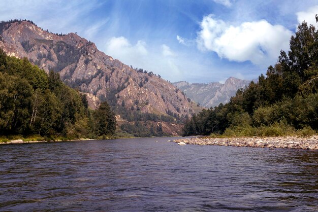 Ein Fluss und bewaldete Berge an seinen Ufern Sommerlandschaft Schönheit der Natur