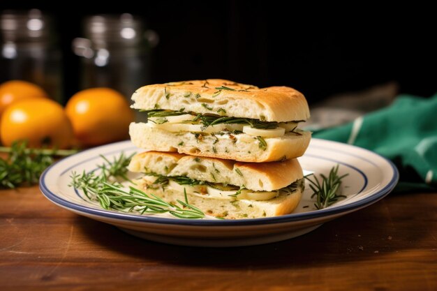 Ein Focaccia-Sandwich mit frischem Thymian auf einer Keramikplatte