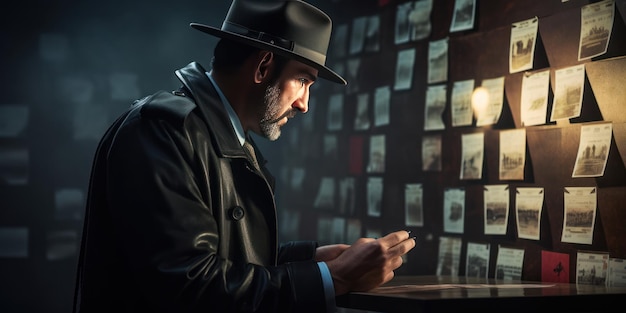 Foto ein fokussierter detektiv, der fotografien studiert, in eine dunkle umgebung eingetaucht, um einen fall zu lösen.