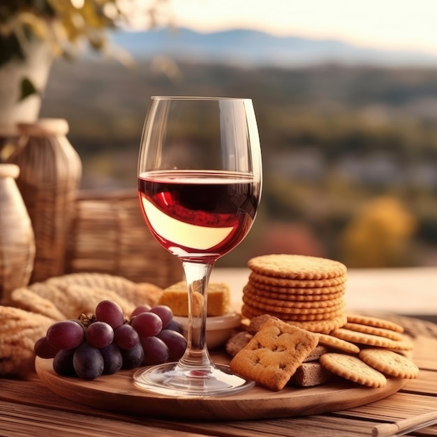 Ein fokussierter Hintergrund wertet Wein und Snacks durch generative KI auf